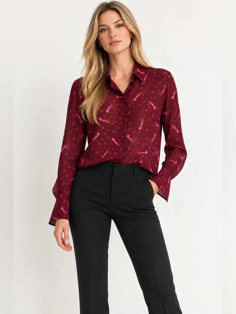 IPEKYOL Burgundy Pink Shooting Star Sheer Blouse Shirt Size 6